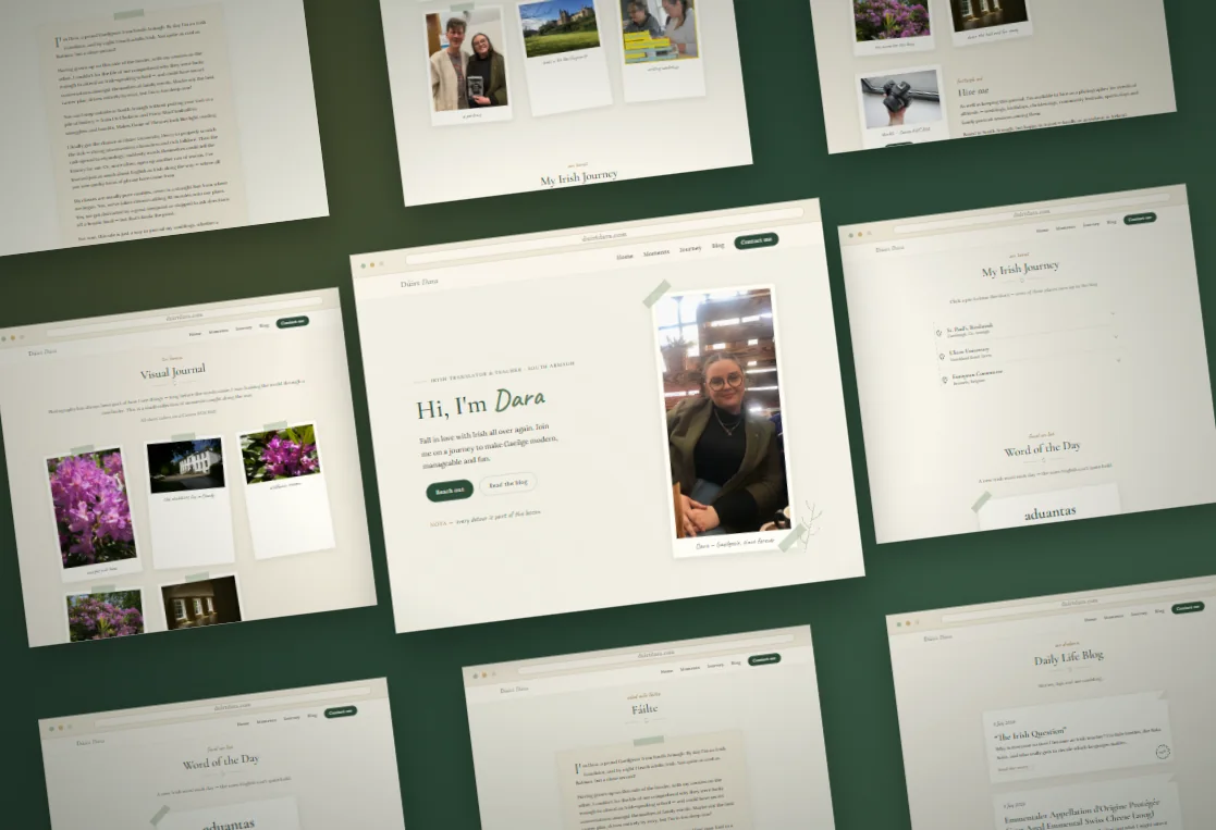 Dúirt Dara — blog site screens laid out on a green background